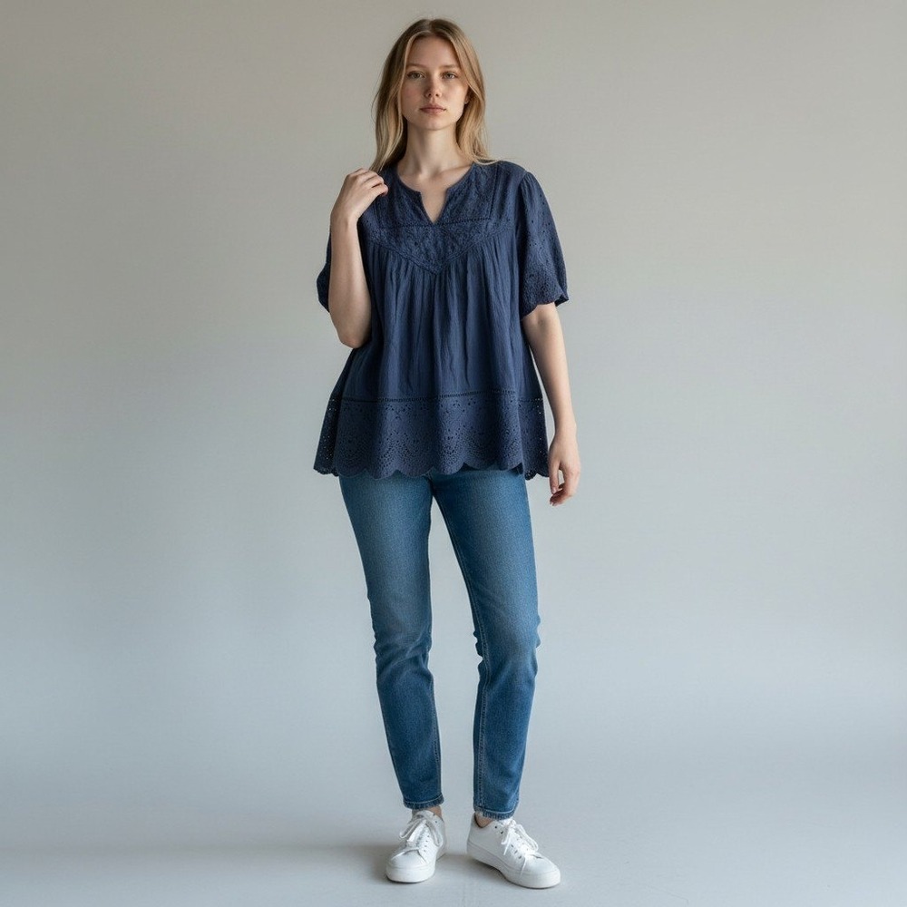 Knox Rose Babydoll Blouse XL Navy Blue Eyelet Embroidered Scalloped Hem Top